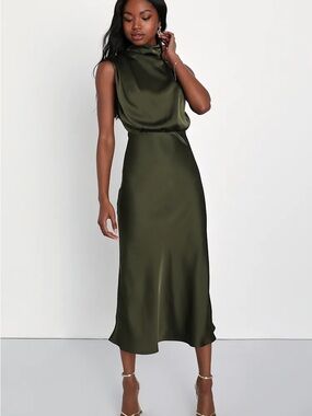 Lulu's Distinctive Charm Olive Green Satin Asymmetrical Midi Dress